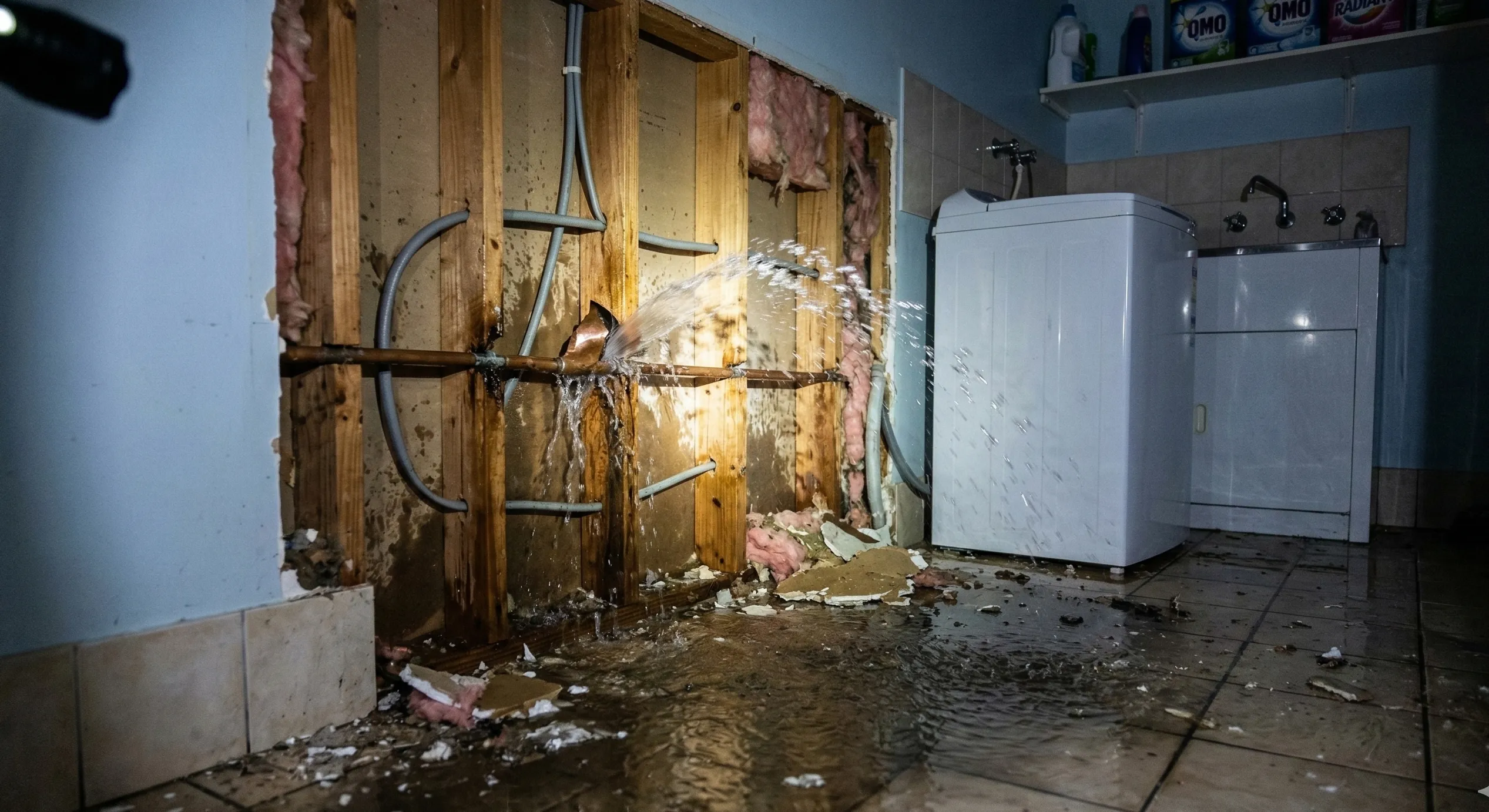 Burst copper pipe spraying water inside an Australian laundry with water pooling on the tiled floor