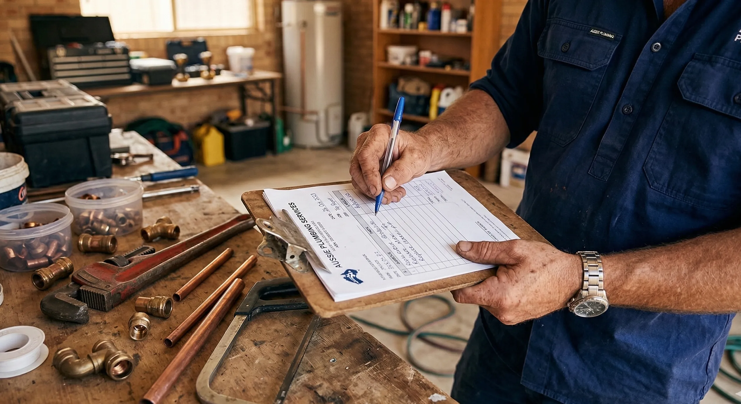 Australian plumber writing an itemised invoice on a clipboard with plumbing tools and copper fittings on a workbench