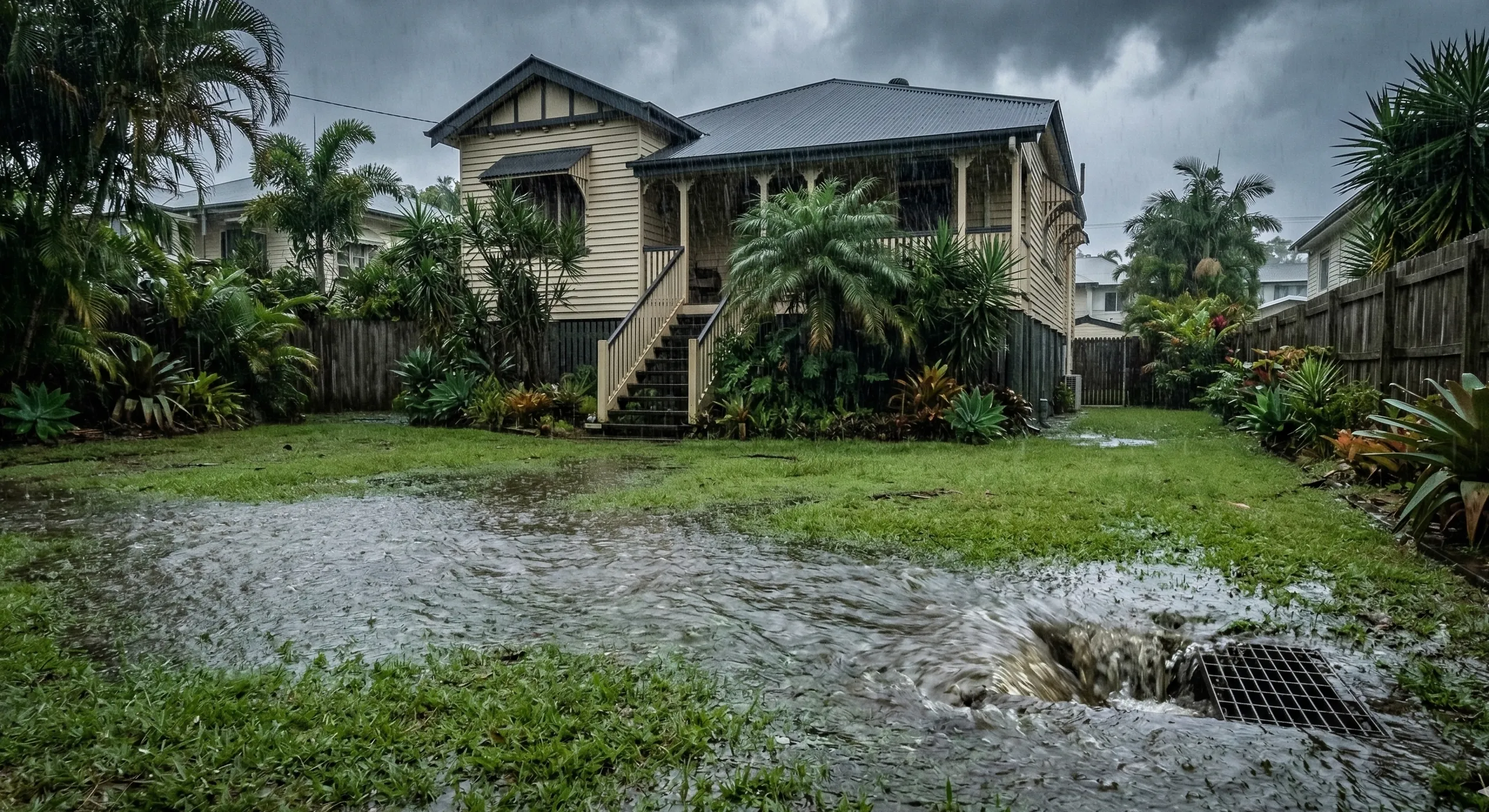 Stormwater drain overflowing in a Gold Coast backyard during heavy tropical rain with a Queensland house in the background