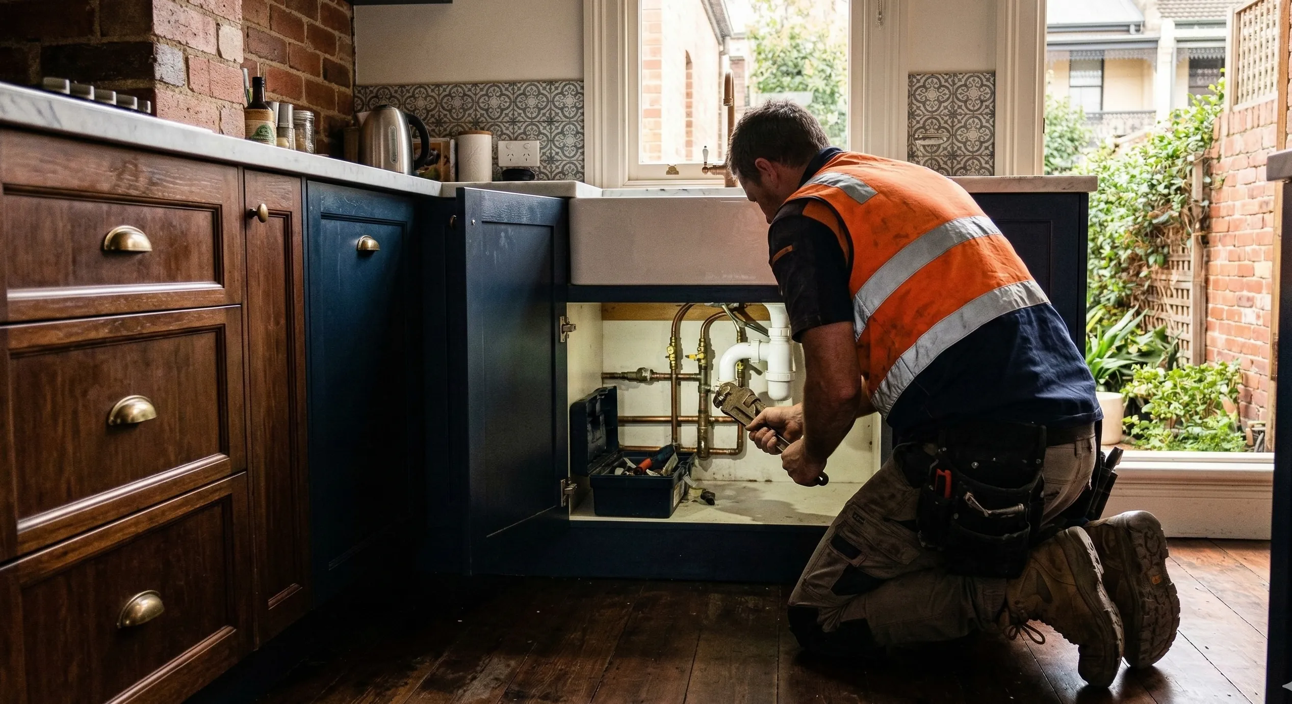 Licensed plumber in high-vis vest repairing pipes under a kitchen sink in a Melbourne Victorian terrace home