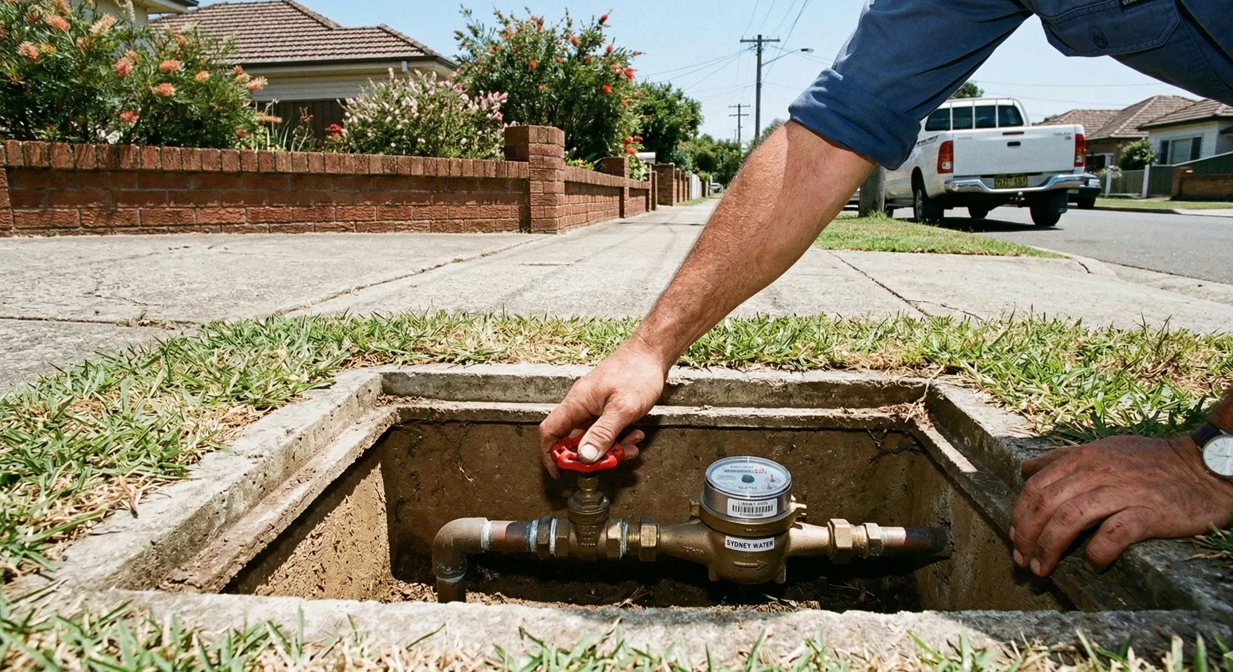 Hand turning the main water shut-off valve at a residential water meter pit in a Sydney suburban street